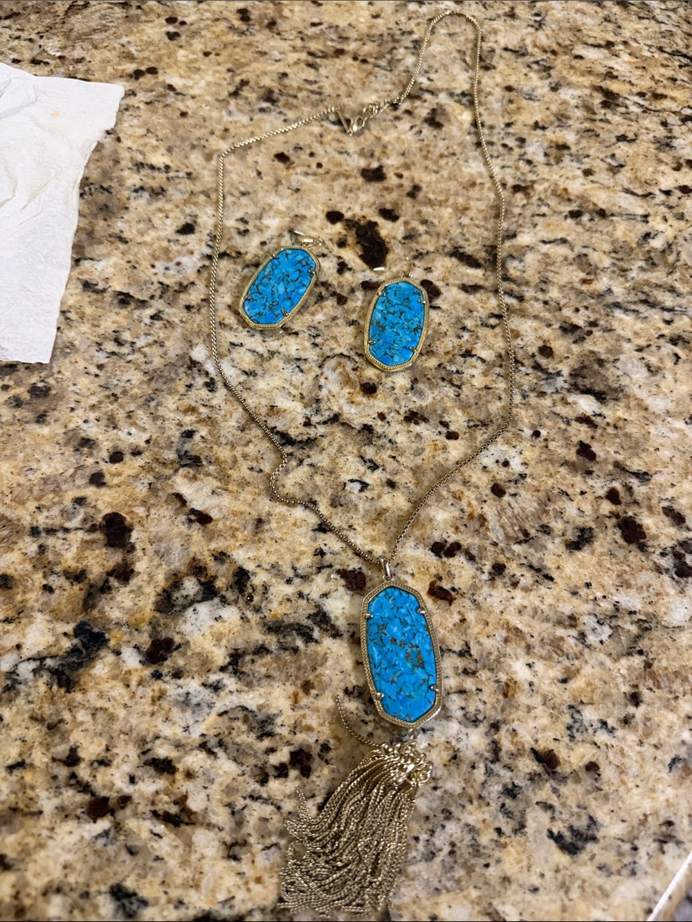 Turquoise Stone Pendant Necklace and Earrings Set - Blue Jewelry